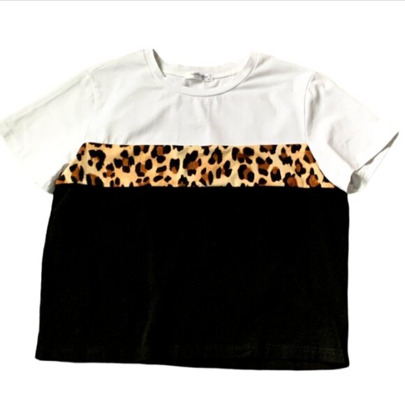 Hotouch Cropped Boxy Tee Colorblock Leopard, Black, White M #39M - Picture 5 of 8